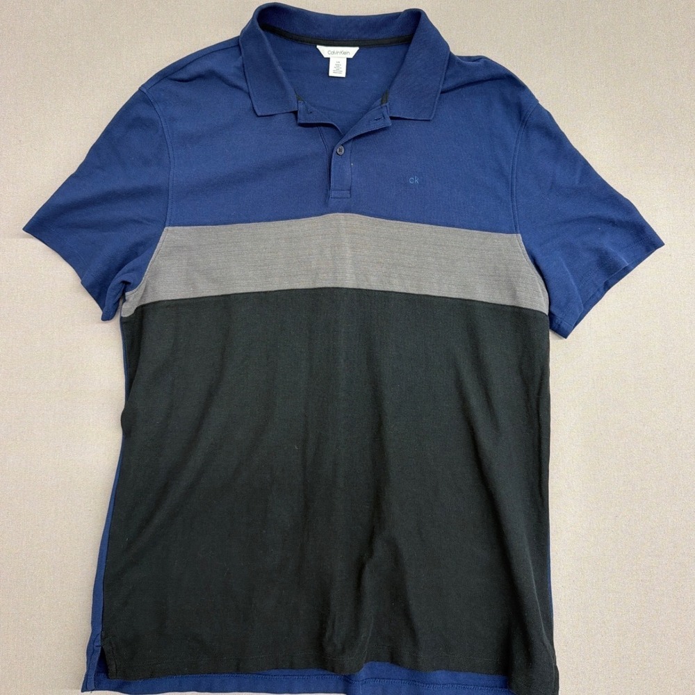Calvin Klein Mens Colorblock Polo Shirt‎ Navy Blue Grey Black Short Sleeve L